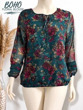 Roz & Ali Boho Floral Sheer Lined Peasant Top Teal & Burgundy
